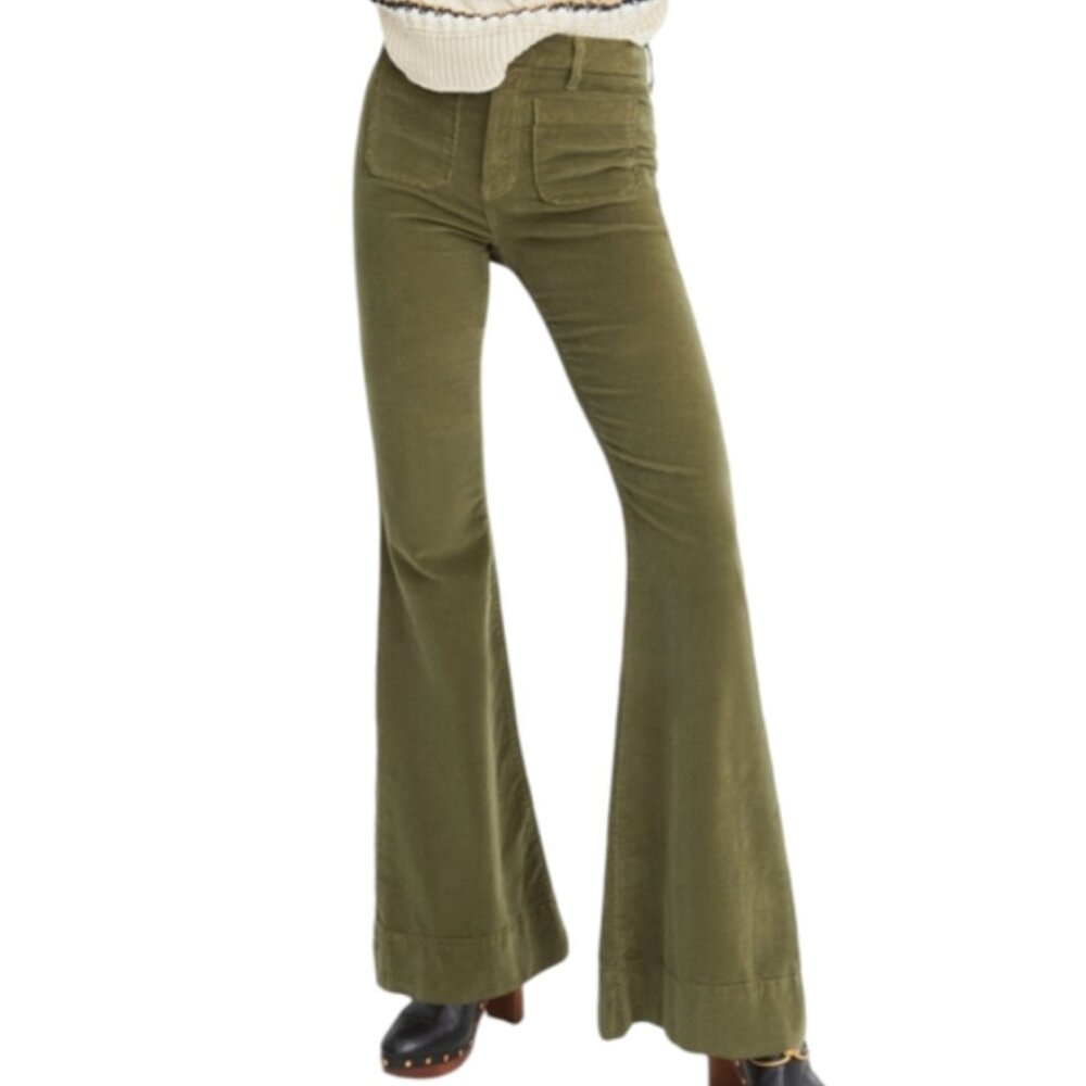 Veronica Beard Sheridan Exaggerated Flare Corduroy Green Pants 70's
